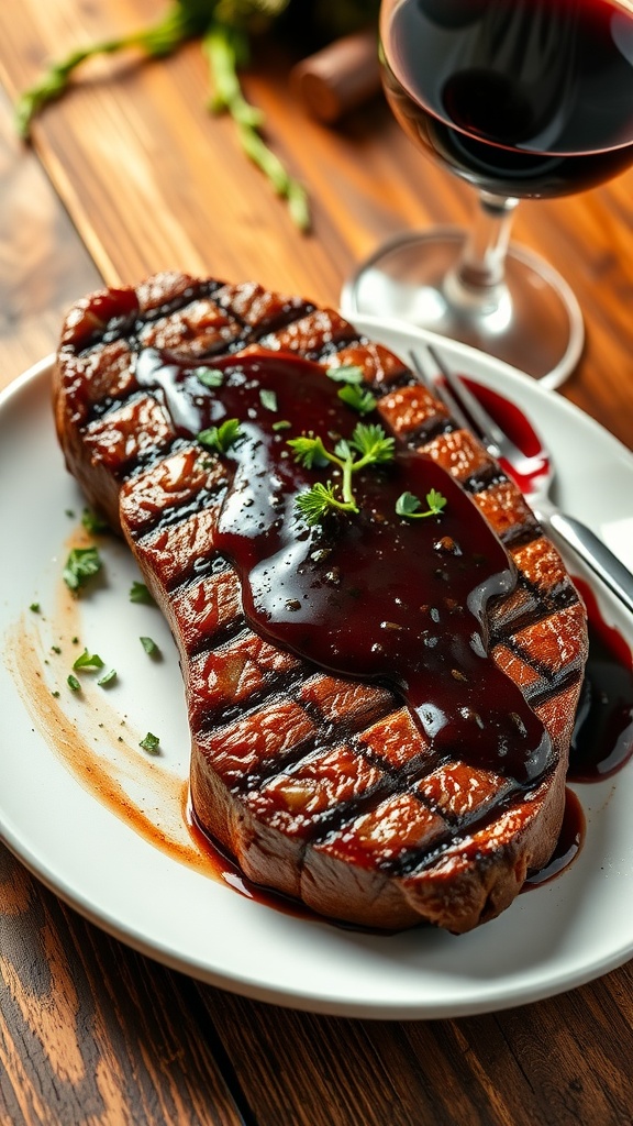 Juicy steak with red wine reduction sauce on a rustic table.